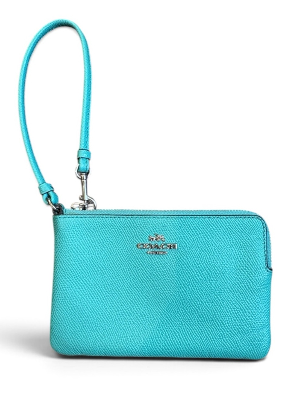 Coach Corner Zip Wristlet Turquoise Leather Wallet